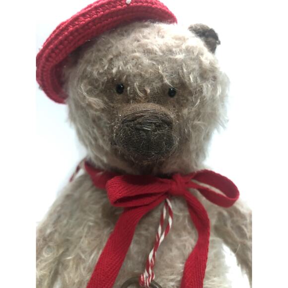 Unbranded Other - Artist Handmade OOAK Mohair Pot Belly Bear Red Beret & Skeleton Key Around Neck